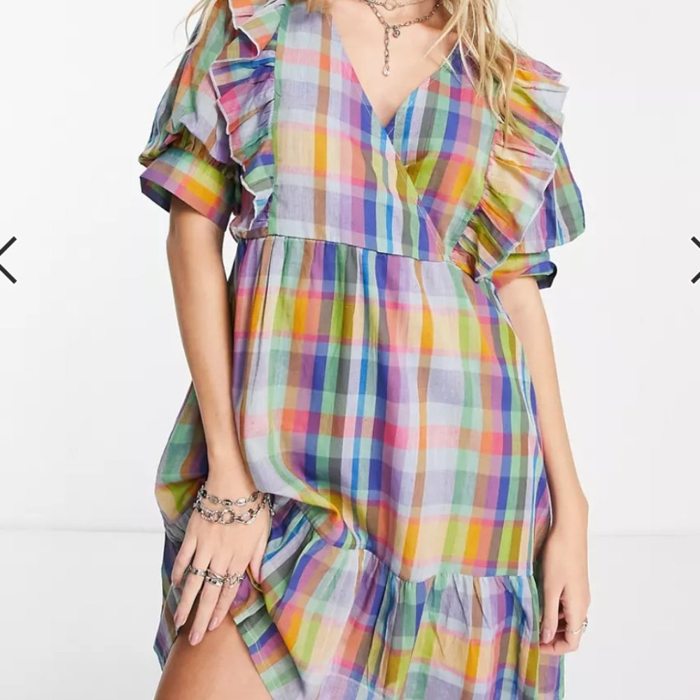 Object puff sleeve multicolored check mini dress ASOS